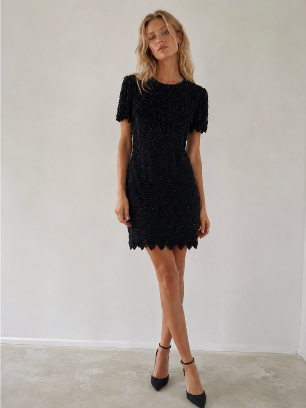 Laurence Kazar Vintage Silk Beaded & Sequined Cocktail Party Dress Blk Size M